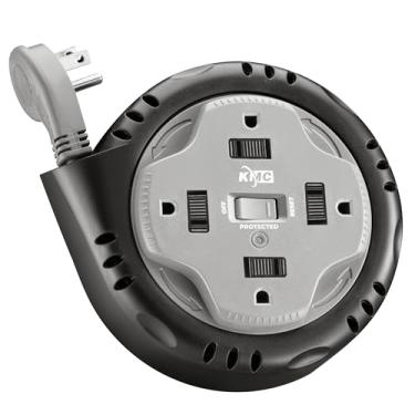 Imagem de KMC Enrolador De Cabo De Torção De Surto De 4 Saídas, Protetor De Surto De Régua De Energia Retrátil, Proteção Contra Surtos 735J, Cabo De Extensão Retrátil De 5 Pés De Comprimento, Plugue Plano De