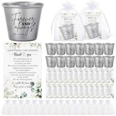 Imagem de Nuogo 25 conjuntos de lembrancinhas de casamento para convidados a granel 25 copos de shot de aço inoxidável Forever and Always 25 cartões de agradecimento com sacos de organza para presentes de chá