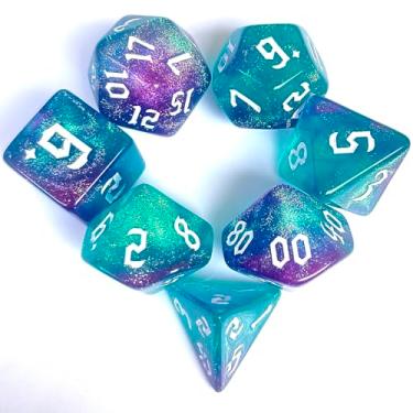 Imagem de Galaxy Swirl Polyhedral Dice Set, 7-Piece, Turquoise and Purple Glitter, for DND and Tabletop Games