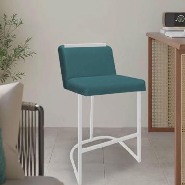 Imagem de Banqueta Com Encosto Ninna Bistrô Cozinha Aplique Ferro Branco Suede Azul Turquesa - Ahazzo Móveis