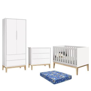 Imagem de Dormitório Infantil Classic 2 Portas, Cômoda 3 Gavetas, Berço com Pés Madeira Natural e Colchão - Reller Móveis Branco Fosco