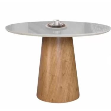 Imagem de Mesa de Jantar Cone Base Mel com Tampo Redondo de Vidro 100cm Branco **SOMENTE A MESA**