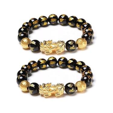 Imagem de KONPJE Pulseira FengShui Riqueza Sorte para Mulheres Homens Preto Obsidiana Pulseira Ouro Prosperidade Mascote Animal Pulseiras Brilhantes Buda Contas Declaração Pulseiras Acessórios de Joias de