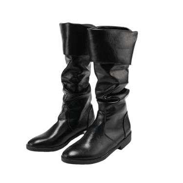 Imagem de Botas masculinas Renaissance Medieval Pirate Boots Western Knight Flat Jazz Pull On Mid Calf Gothic Cosplay Shoes, Preto, 39