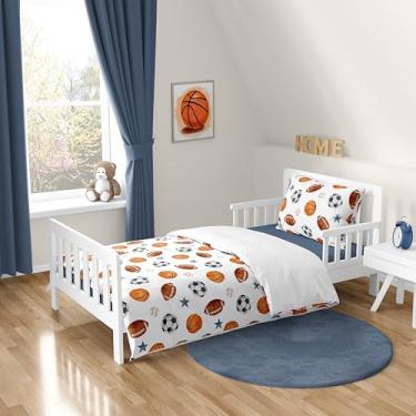 Imagem de Sweet Jojo Designs Jogo de cama com tema esportivo, para meninos, crianças, 5 peças, lençol com edredom e fronha aquarela, vintage, bolas de futebol, beisebol, basquete, estrelas azuis