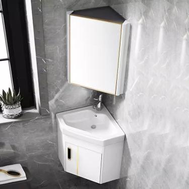 Imagem de Armário De Pia De Banheiro De Canto Dyuz Com Pia De Cerâmica & Espelho, Conjunto De Armário De Pia De Banheiro De Parede, Vaidade De Pia De Banheiro De Canto Pequeno Com, Bianco, 43cm/17"