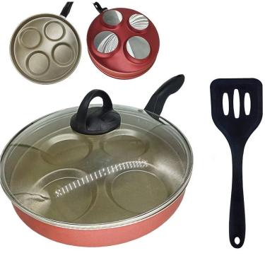 Imagem de Frigideira 26 Cm 4 Ovos Hambúrguer Tampa De Vidro E Espátula Antiaderente