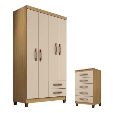 Imagem de Guarda Roupa Solteiro Modena 4 Portas Com Cômoda Gaveteira Cannes Na Cor Carvalho Americano Off White - Incorplac