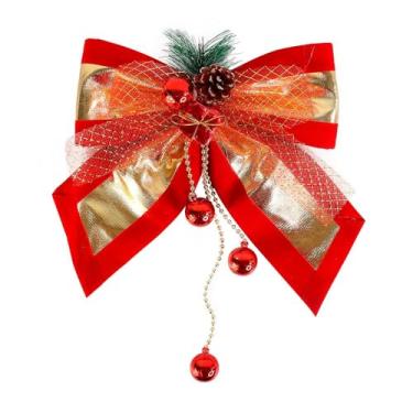 Imagem de Laço Decorativo Natalino Grande, 29x30cm, Vermelho e Dourado com Bolas e Pinha, para Árvore e Guirlanda
