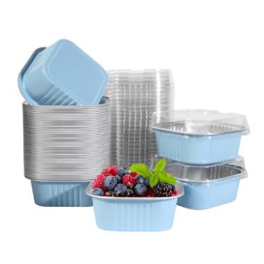 Imagem de 50 peças de mini formas quadradas para assar com tampas, mini formas de bolo de folha de alumínio de 293 ml com tampas, formas de bolo de ramequins descartáveis, 300 ml de sobremesa, formas de cupcake