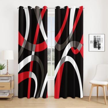 Imagem de Cortinas blackout modernas para quarto, sala de estar, 2 painéis, 100% blackout preto e vermelho, cortinas listradas abstratas, 130 x 213 cm