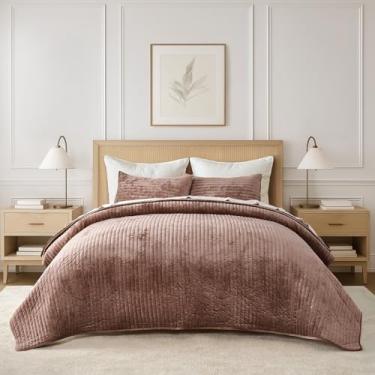 Imagem de EVERGRACE Conjunto de colcha de veludo, tamanho queen casal, luxuoso, macio e listrado, edredom de veludo leve para todas as estações, colcha de cama grande com 2 fronhas combinando, argila terracota