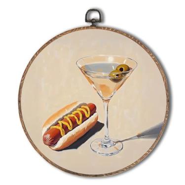Imagem de Yorhifa Arte de parede emoldurada de bar retrô, arte de parede redonda de cachorro-quente vintage e comida suja de martini suja, decoração de parede redonda de carrinho de bar para casa, decoração de