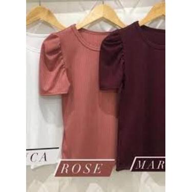 Imagem de Blusa feminina gola rasa manga curta princesa bufante malha canelada c