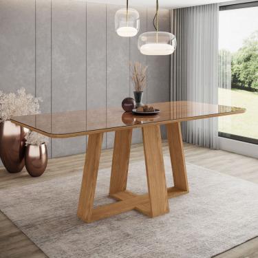 Imagem de Mesa Lins para 6 lugares Tampo de 200cm canto arredondado com vidro e pés em ângulo