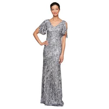 Imagem de Alex Evenings Vestido feminino longo de lantejoulas para mãe da noiva com mangas esvoaçantes de ombro vazado (tamanhos pequeno e regular), Prata, 54