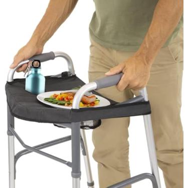 Imagem de Vive Bandeja de andador para dobrar, andadores padrão (com cesta) – Mesa de fixação universal de equipamentos médicos com suporte de copo – Acessórios duráveis para rodinhas para pessoas com deficiência – para idosos, mulheres, homens