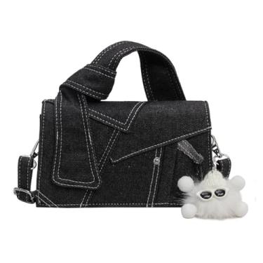 Imagem de MYSNKU Bolsa quadrada pequena de retalhos jeans para mulheres, mini bolsa de ombro moderna, bolsa clutch casual color block, Preto