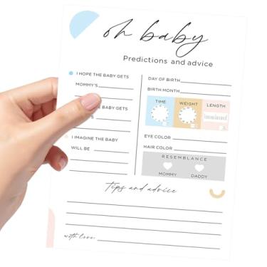 Imagem de 30 cartas de previsão de chá de bebê e jogo de conselhos, design neutro de gênero com estatísticas de nascimento e desejos dos pais