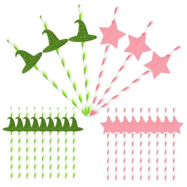 Imagem de Canudos de papel descartáveis de 24 peças de lembrancinhas de festa de bruxa - Canudos malucos com tema de bruxa e feiticeiro, rosa e verde com chapéu e desenhos de estrelas para decorações de festa