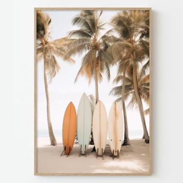 Imagem de Arte de parede em tela de prancha de surfe, pintura de praia costeira, imagem de coqueiro, vintage, arte de parede, arte tropical, praia, praia, litoral, surf, imagem de surfe, imagem de palmeira