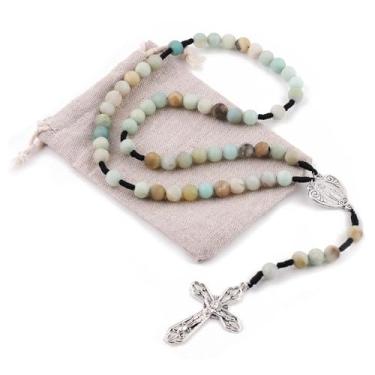 Imagem de Luomu Rosário de corda com contas de amazonita de pedra natural de 8 mm com medalha milagrosa e crucifixo de perdão, Pedra, Sem Pedra Preciosa