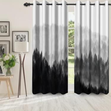 Imagem de Yanutan Cortinas blecaute de floresta preta e branca para quarto/sala de estar, conjuntos de 2 painéis, cortina blecaute de janela, cortinas com isolamento térmico simples, floresta, floresta