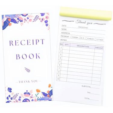 Imagem de Livro de recibos de agradecimento para pequenas empresas 10 x 17,8 cm, 2 partes, sem carbono, branco, amarelo, 50 conjuntos de 100 folhas por livro com capa envolvente em branco com selo de assinatura (1 roxo)