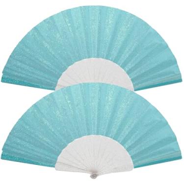 Imagem de Pacote com 2 leques de mão femininos com glitter e nervuras transparentes brilhantes – Ideal para casamento, igreja, festival, dança, festa de formatura, clube e acessórios EDM, azul celeste
