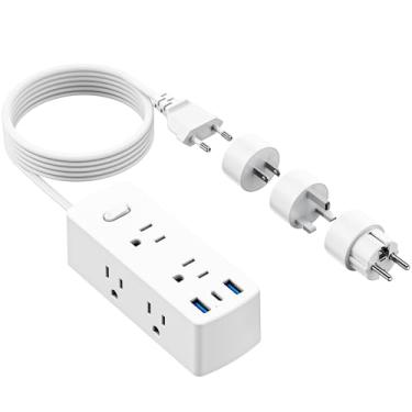 Imagem de Adaptador de tomada de viagem europeu, Olcorife com adaptador de tomada da UE Reino Unido, 6 tomadas 3 portas USB com cabo de extensão de 5 pés, adaptador de corrente internacional