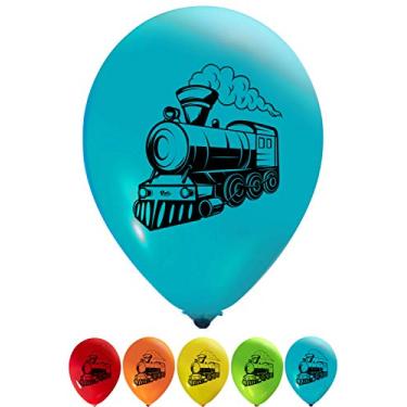 Imagem de PARTY ZONE ET DESSIN Balões de trem - látex de 30,5 cm - impressão frente e verso (16 unidades) para festas de aniversário ou qualquer outro uso em evento - Preencha com ar ou hélio