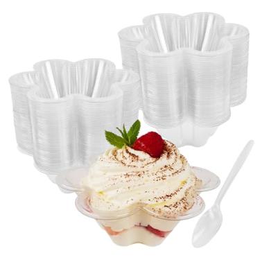 Imagem de Hiasobre Copos de sobremesa de plástico transparente de 227 g com colheres, tigelas de sorvete descartáveis em forma de flor, tigelas de servir sudae de festa para sorvete, nozes e salada, recipientes