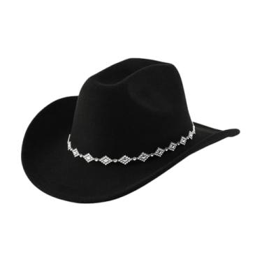 Imagem de Vuqofkc Chapéu de cowboy ocidental com strass e aba larga com fivela de cinto, festa à fantasia para adolescentes e adultos, preto