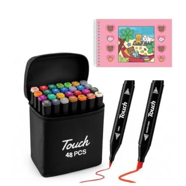 Imagem de Kit Canetinhas Touch 48 Cores Para Colorir, Canetas com Ponta Dupla, Estojo com Zíper + 1 Livro de Colorir Capa Dura (1 Livro Rosa + Touch 48 Cores)