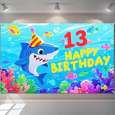 Imagem de BlissYard Banner Happy 13th Birthday Tema Aventura Oceânica 171 x 43 polegadas Fundo do Mar com Chapéu de Festa Tubarão Peixe Colorido para Crianças Meninos Meninas Decoração de Festa de Treze Anos