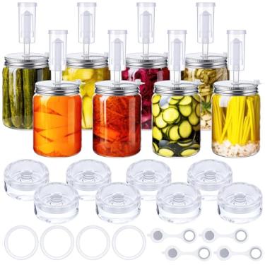 Imagem de Yiyiring 8 conjuntos de kit de fermentação para pote de pedreiro de boca larga kit de chucrute com 8 fechaduras, 8 tampas de fermentação, 8 pesos de vidro, 8 anéis de silicone e ilhós (frascos não