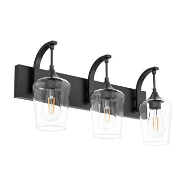 Imagem de Ralbay Luminária de vaidade preta fosca 3 luzes industrial preta para banheiro com vidro transparente vintage Edison luminária de parede de banheiro