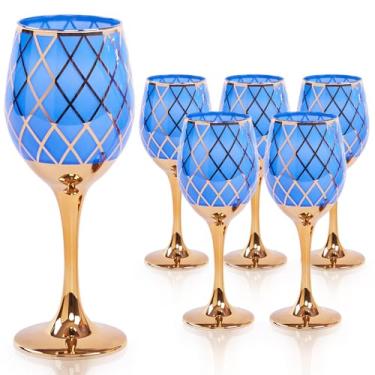 Imagem de CretFine Conjunto de 6 taças de vinho douradas azuis e douradas, taças decorativas coloridas de cristal extravagante, taças de cobalto para presentes, casamento, festival, aniversário, ação de graças,