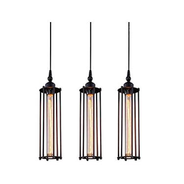 Imagem de PIHAPPY Luminária pendente de metal industrial, luzes de teto suspensas rústicas, iluminação de gaiola vintage para cozinha, ilha, sala de jantar, casa de fazenda, pacote com 3 sem BLUBS (Bronze)