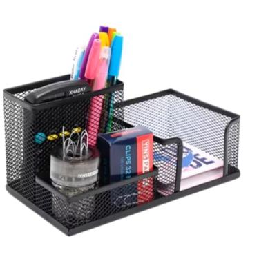 Imagem de Organizador de Mesa em Metal, Porta-Canetas e Acessórios, 3 Compartimentos, Malha Preta