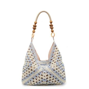 Imagem de OANEXX Bolsas Hobo de palha de verão para mulheres, boho, malha tecida, praia, bolsa de ombro para férias de crochê de grande capacidade, Azul, Large