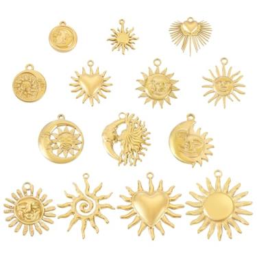 Imagem de PH PandaHall 14 estilos 304 pingentes de aço inoxidável sol estrela lua para fazer joias, pingentes de pulseira dourada pingente de sol coração para artesanato faça você mesmo, colar, pulseira