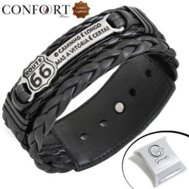 Imagem de Pulseira Ajustável De Couro Bracelete Masculino Rota 66 Prateado-Unissex
