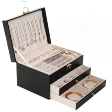 Imagem de Porta Joias Feminino Modelo - Caixa Organizadora Em Couro Com 2 Camadas E DivisóRias Para AnéIs, Colares E AcessóRios - Design Elegante(PRETO/3077)
