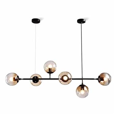 Imagem de Luminária pendente moderna de bola de vidro âmbar com 6 luzes, preta, luminária de teto com personalidade molecular, para ilha de cozinha, sala de estar, sala de jantar