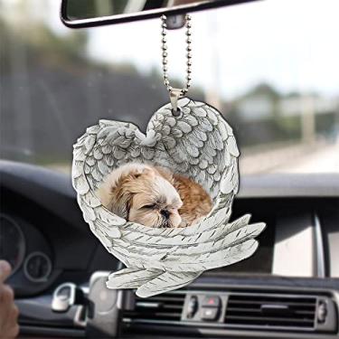 Imagem de Talataca Shih Tzu Shitzu dormindo asa de anjo animal animal amante de cães casa de campo de carro retrovisor acessórios para espelho de árvore de Natal decoração de enfeite para pendurar pingente interior retrovisor decoração presente