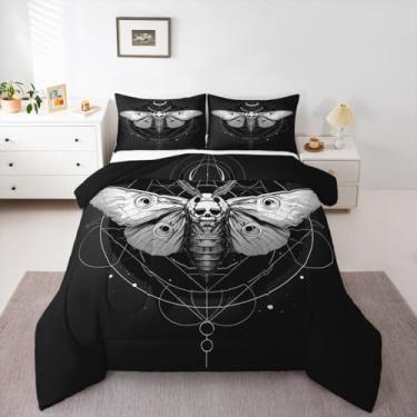 Imagem de Feelyou Conjunto de edredom Queen com estampa de mariposa da morte, gótico, decoração de Halloween, caveira, para adolescentes, com 2 fronhas