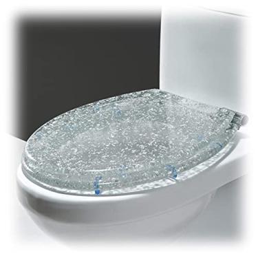 Imagem de Assento sanitário assento de vaso sanitário macio fechado, assento de vaso sanitário oval com glitter com liberação rápida é fácil de limpar, banheiro assento de vaso sanitário de resina, prata
