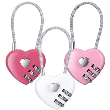 Imagem de Cadeado em forma de coração, 3 peças de cadeado de armário rosa, fechaduras de combinação para mala e armário (rosa rosa, branco)