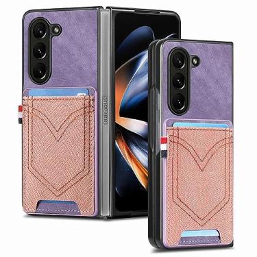 Imagem de Capas de telefone para Samsung Galaxy Z Fold 5 Retro Denim Pattern Titular do cartão PU Tampa traseira do carro, roxo, para Galaxy Z Fold 4